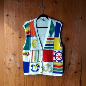 Vintage I.C. Isaacs Nautical White/Multicolor Cotton Blend Knit Vest WM Size M